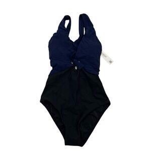 Amoressa Halley New Moon Navy Black One Piece Swimsuit Plunge Tie Grommet Sz 10